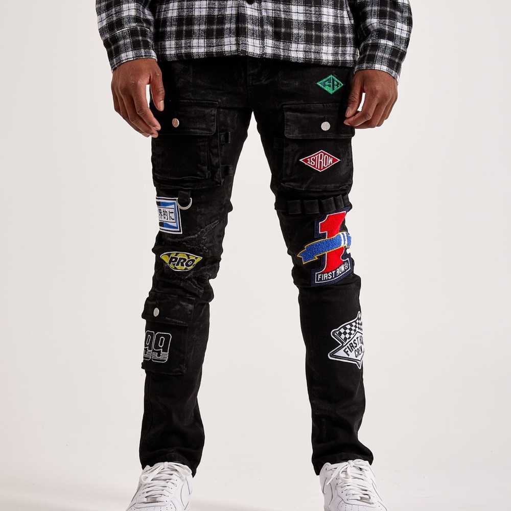 Men’s First Row Cargo Pants With Embroidered Patches - Size 42 - Black